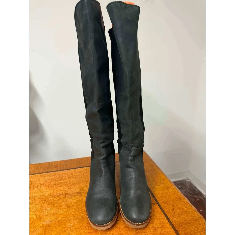Lucky Brand Tilaree Tall Boots Dark Green Leather Stretchy Back Block Heel 8M